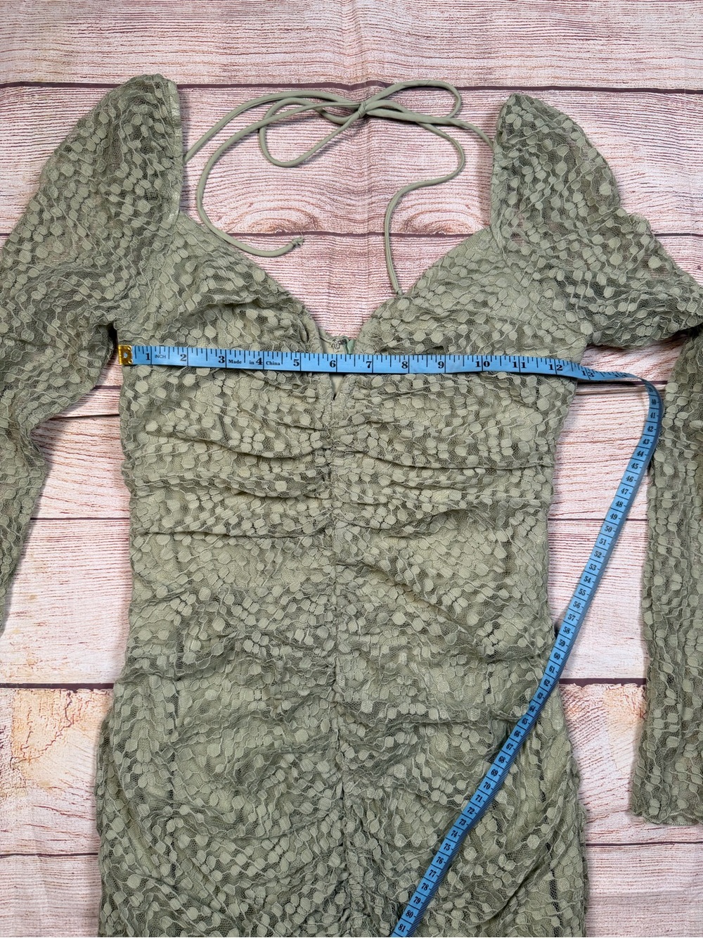NWT‎ Selfie Leslie Olive Green Ruched Square Neck Lace Sheer Sleeve Mini Dress - Picture 5 of 13
